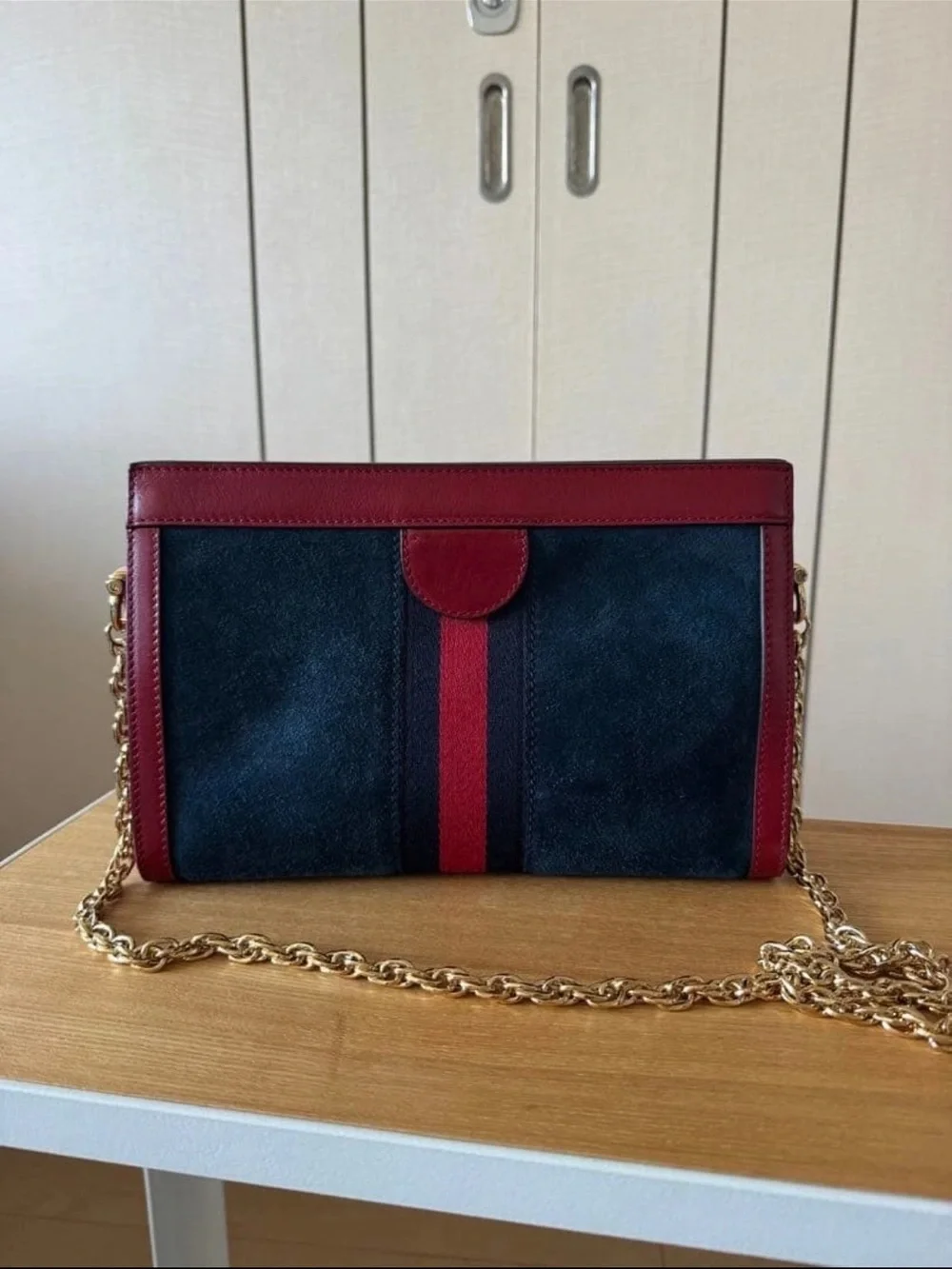 Gucci Navy Suede Crossbody with Red Trim and Gold Chain